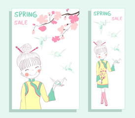 Spring sale banner with cute girl