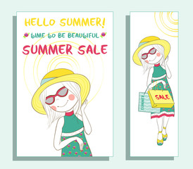 Summer sale banner with cute girl