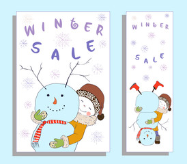 Winter sale banner with cute girl