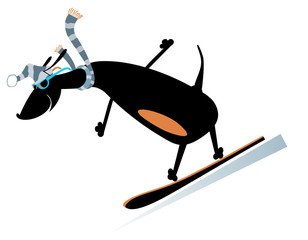 Dog a snowboarder. Cartoon dachshund fills with joy from fast ride
