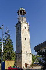 Fototapeta na wymiar Very old clock tower in Razgrad town, Bulgaria 