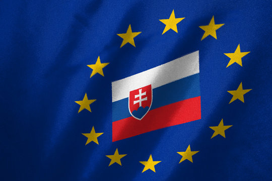 Slovakia flag in EU flag on fabric