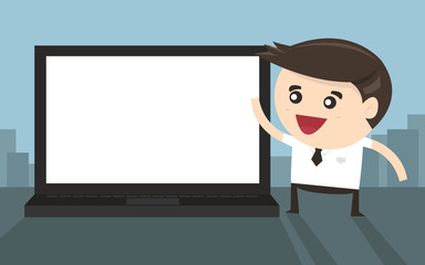 Businessman pointing to laptop screen, flat design
