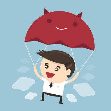 Businessman is flying with parachute, flat design, vector