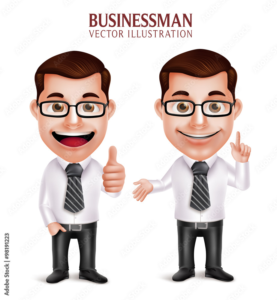 Poster set of 3d realistic professional business man character with pointing and ok hand gesture isolated i