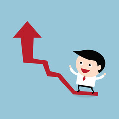 Businessman on graph of successful growth, flat design