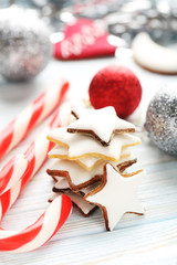 Christmas cookies on a blue wooden table