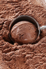 Chocolate ice cream scooped out from container