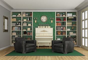 Luxury living room  bookcase and upright piano