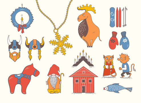 Set with design elements of symbols of Sweden, Denmark, Iceland, Norway