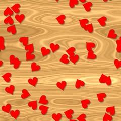 many red paper hearts scattered on wooden table