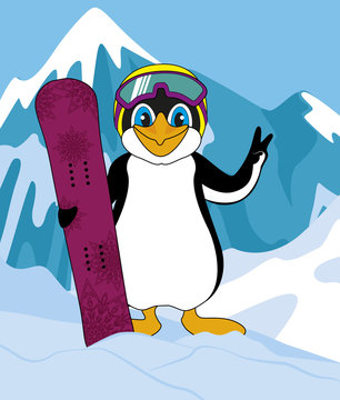penguin winner with snowboard mountains in the background