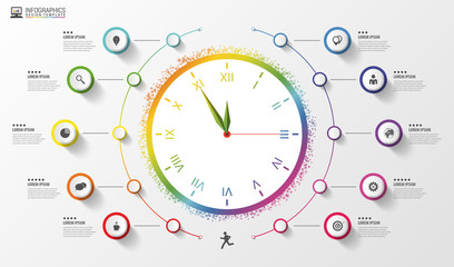 Infographic. Business Clock. Colorful circle with icons. Vector