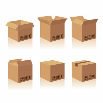 Closed and open recycle brown carton delivery packaging box with fragile signs. Collection vector illustration isolated box on white background for web, icon, banner, infographic.