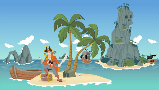Cartoon pirates on a beautiful tropical beach with gold chest