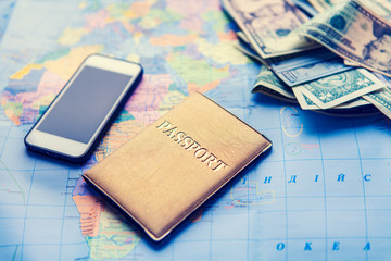 objects for travel isolated on a wooden background