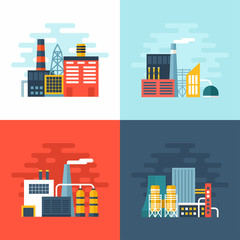 Set of Industrial Factory Buildings. Flat Style Vector Conceptual Illustrations for Web Banners or Promotional Materials