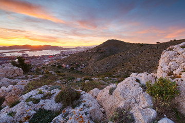 Fototapeta na wymiar View of Piraeus harbour in Athens from the foothills of Aegaleo mountains