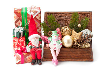 Christmas fir twigs, toys and gifts
