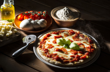 Pizza with tomatoes mozzarella and basil on the wooden table