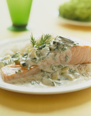 salmon with cucumber and dill sauce.