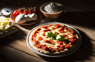 Pizza with tomatoes mozzarella and basil on the wooden table