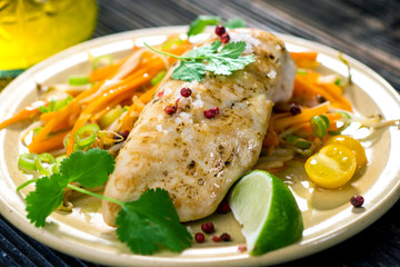 Roasted chicken breast with vegetable, coriander and lime