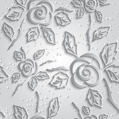 Seamless abstract 3D white background. Paper roses with drop