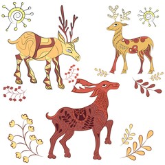 Vector decorated deers with nature elements. Hand drawn illustration. Scandinavian, Indian style. Ornament elements
