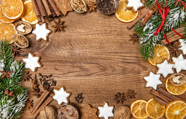 Christmas cookies and spices. Holidays food. Christmas tree