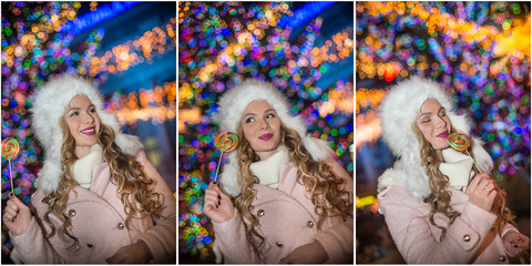 Portrait of young beautiful woman with long fair hair outdoor in cold winter evening. Beautiful blonde girl in winter clothes with xmas lights in background. Beautiful woman smiling in winter scenery