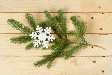 Snowflake shape on pine branch