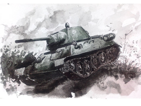 Танковый прыжок. Акварель.