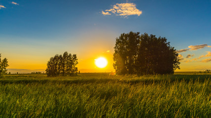 Закат солнца в полях Сибири, Россия