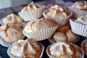 Delicious dessert meringue cookies. Closeup.