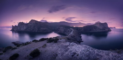 Foto op Plexiglas Prachtig nachtlandschap met bergen, zee en sterrenhemel © den-belitsky