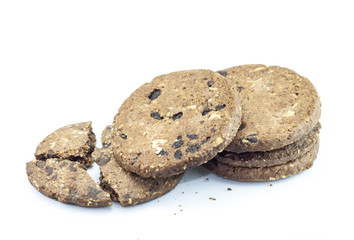 Chocolate chip cookies on white background.