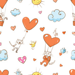 Vector seamless pattern by Valentine's Day with cartoon cats flying on parachutes in the sky.