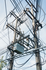 Electricity wire and transformer on pole.