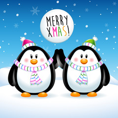 Merry Xmas, two penguins on Christmas
