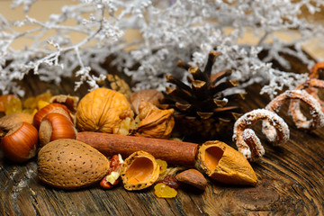 Nuts and other dried fruits on natural wood