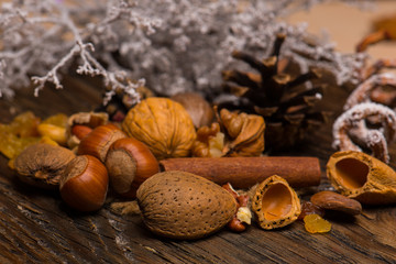 Nuts and other Dried fruits on natural wood