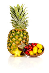 Assortment of exotic fruits isolated on white background