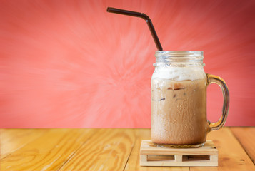 Close up iced coffee on wood table