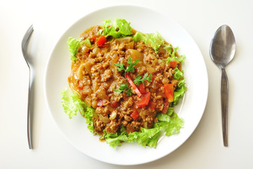 Thai Fried Noodles, fried noodles with pork sliced and vegateble