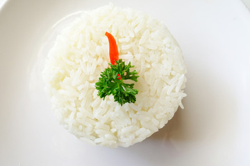 Steamed rice closed up on the dish
