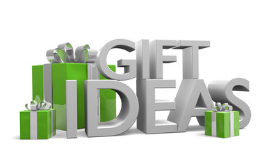 Green holiday gift boxes and 3D text of the words gift ideas