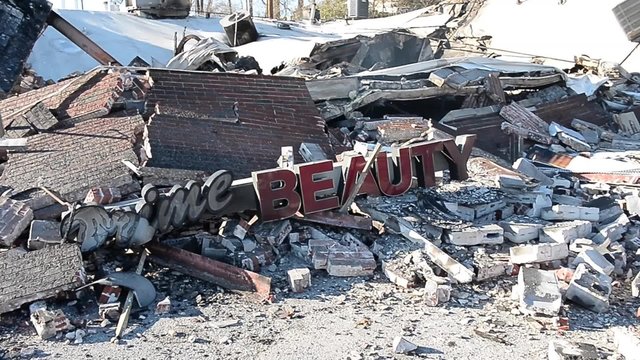 Burning building in the aftermath of the Ferguson protests