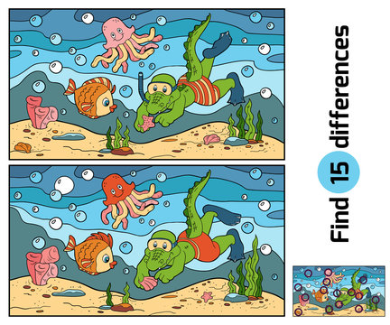 Education game: find differences (crocodile diver, ocean floor)