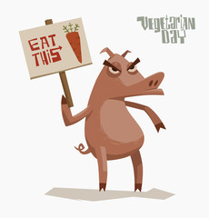 Vector cartoon image of a pink angry pig holding a poster with orange carrot on a light background. In support of vegetarianism.
